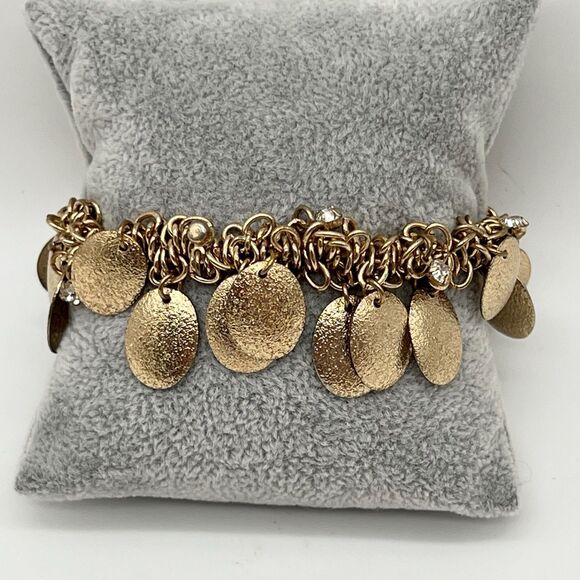 Bold Elements Gold Tone Coin Medallion Charm Rhinestone Stretch Fashion Bracelet - Picture 2 of 5